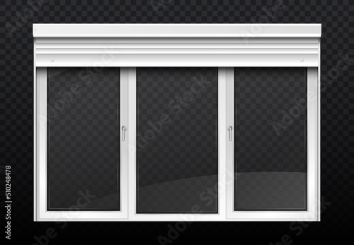 Double window with roller. Windows with blinds and jalousie, reflection and shine. Picture for decorating apartment and office, interior and exterior or facade. Realistic isometric vector illustration