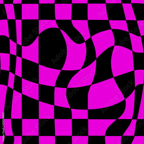 Pink and Black Groovy Wavy Melted Psychedelic Checkerboard Y2K 90s seamless pattern vector background. Retro hippie trippy optical repeat texture wallpaper, textile design.