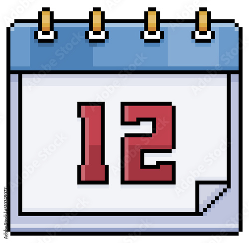 Pixel art calendar with date 12. Day 12. Holiday day 12 vector icon for 8bit game on white background
