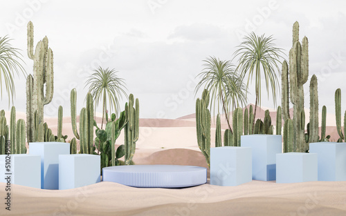 Abstract platform podium on sand dunes background. Column on Desert background with Greek man stone statue, cactus, tropical garden. mock-up for products promotion, presentation. 3d render
 photo