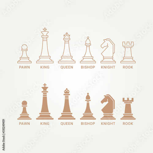 minimalist collection of chess piece design element logo template vector illustration design. simple king, queen, rook, bishop, knight, pawn