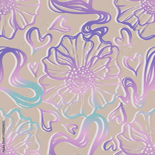 Vector illustration. Heart, white anemones flowers, abstraction. Handmade, grey background, seamless pattern