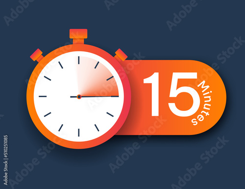Stopwatch icon 15 minutes. Time management and setting deadlines. Apps and programs for hardworking and efficient employees. Modern technologies and digital world. Cartoon flat vector illustration