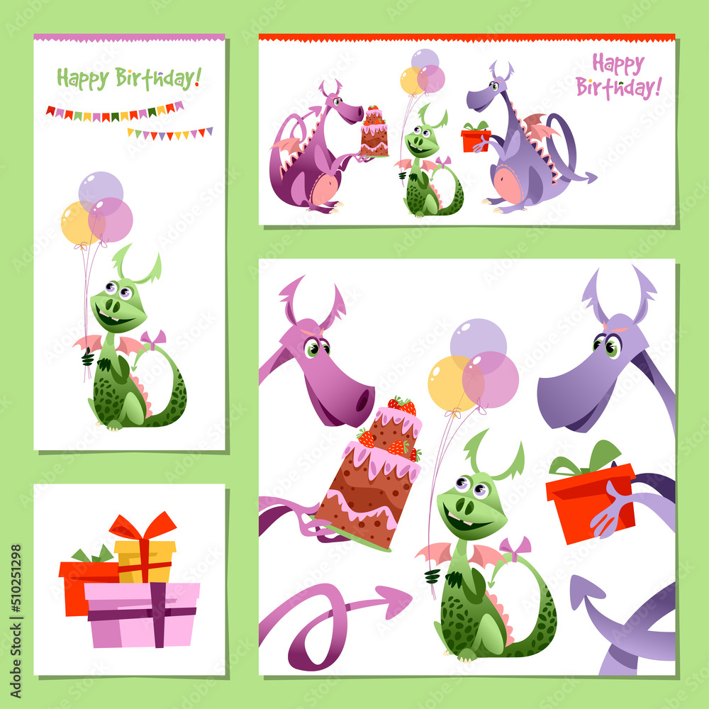 Set of 4 universal cards with Birthday dragon. Template. Children’s party. Congratulations