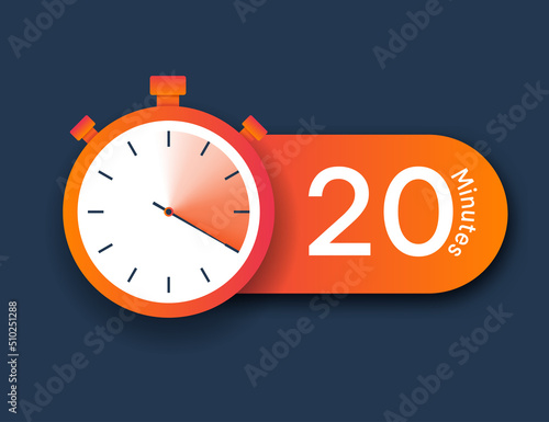 Stopwatch icon 20 minutes. Time management and setting deadlines. Hardworking employees, leadership and motivation. Graphic elements for developing programs and apps. Cartoon flat vector illustration