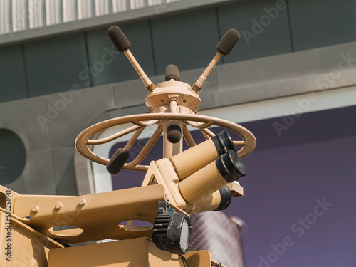 Abu Dhabi, UAE - Feb.23. 2011: the acoustic sniper detection system on British Ranger High mobility protected wheeled patrol vehicle in IDEX 2011 Military Exibition photo