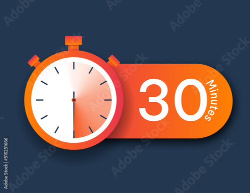 Stopwatch icon 30 minutes. Time management and setting deadlines. Timestamp, fast delivery. Efficient workflow, leadership and motivation, app notifications. Cartoon flat vector illustration