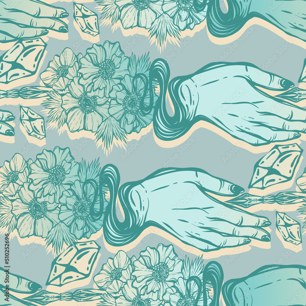 Obraz premium Vector illustration. Fountain pen hand, write in ink, white anemones flowers, handmade. Light blue background, seamless pattern