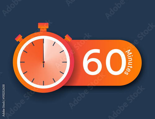 Stopwatch icon 60 minutes. Time management and setting deadlines. Motivation and leadership, interface element for developing programs and apps for efficient workflow. Cartoon flat vector illustration