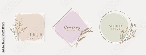 Hand drawn floral frames. Logo template in minimal style with flowers. Botanical trendy vector illustration for labels, branding business identity, wedding invitation. Vector illustration