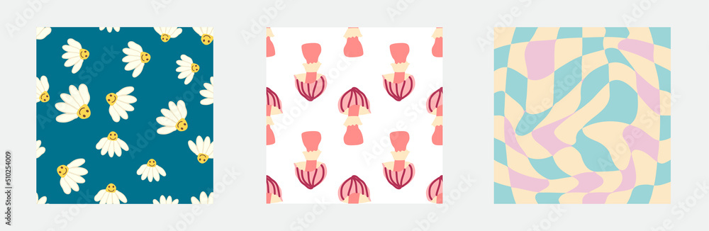 Set of retro 70s seamless pattern. Floral, swirl, mushrooms, peace symbol, camomile, smile Set of retro 70s seamless pattern. Floral, swirl, mushrooms, peace symbol, camomile, smile