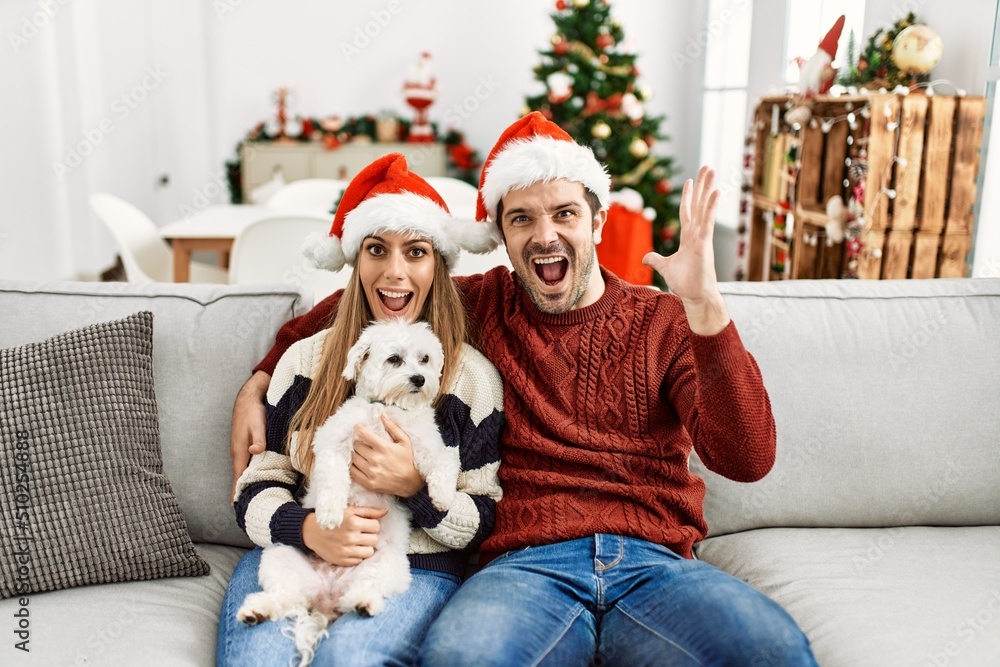 Young couple of wife and husband sitting on the sofa wearing christmas hat at home celebrating victory with happy smile and winner expression with raised hands Young couple of wife and husband sitting on the sofa wearing christmas hat at home celebrating victory with happy smile and winner expression with raised hands