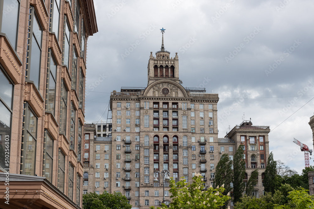 Typical soviet classicism architecture on khreshchatyk street in Kyiv, Ukraine. These apartment buildings of downtown kiev are a symbol of stalinist architecture