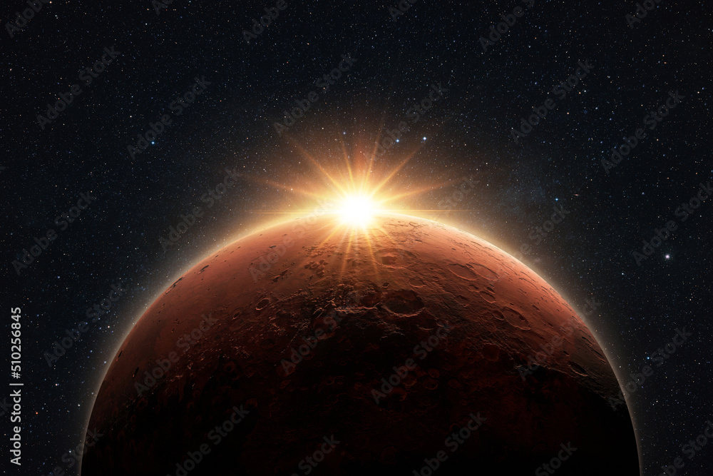 Amazing red planet Mars with sunrise rays in deep starry space. Space Wallpaper - obrazy, fototapety, plakaty 