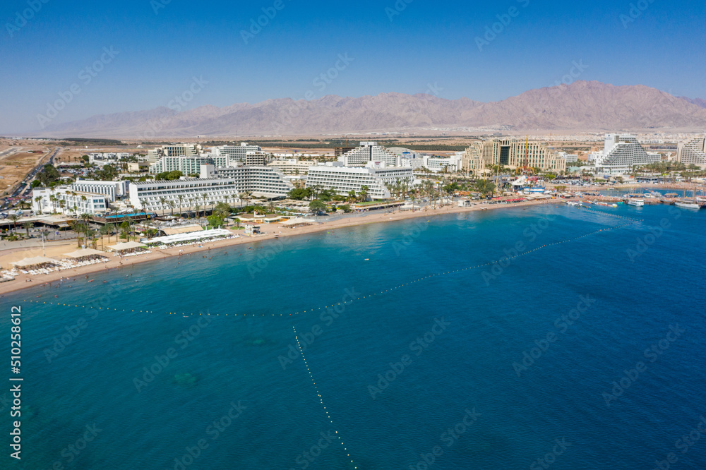 Drone view of Eilat city and Shoreline Eilat And coastline, Israel