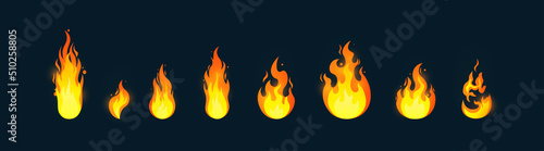 Different fire set. Collection of icons for social networks, app development and games. Flame and hot object. Danger and effects. Cartoon flat vector illustrations isolated on blue background