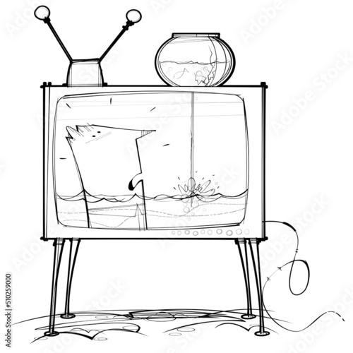 Man on television is flooded by fishbowl