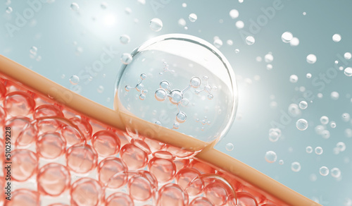 Molecule in side collagen bubble and Vitamin illustration isolated on soft color background. concept skin care cosmetics solution. 3d rendering. photo
