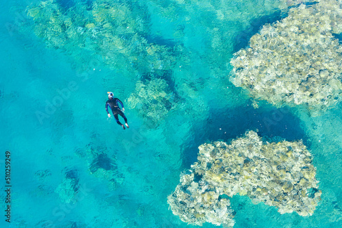 A man with a diving suit, snorkeling, on the coral reef in Eilat, Israel.