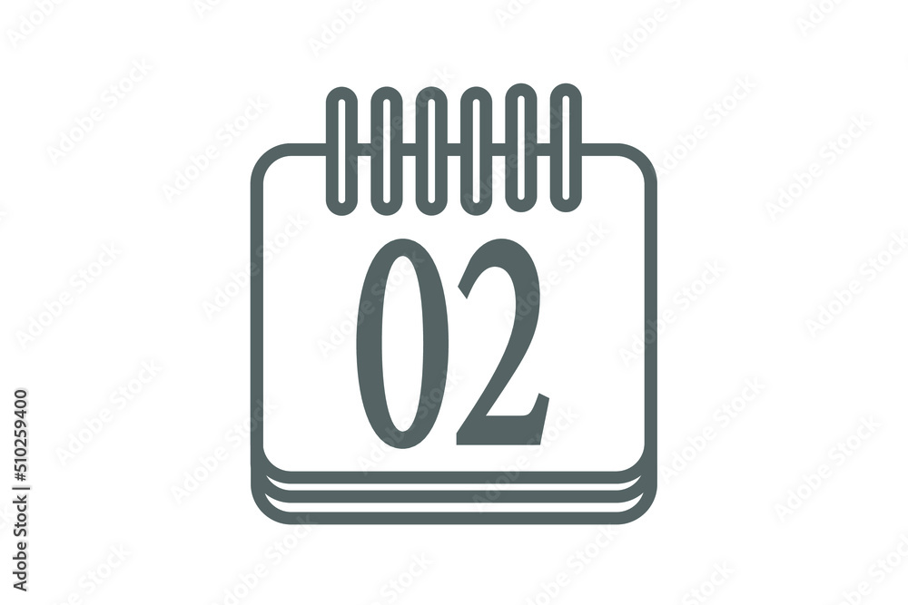 Day 2 calendar icon. Calendar page marking day of month. Day 2 calendar icon. Calendar page marking day of month.