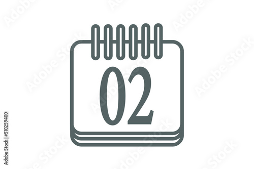 Day 2 calendar icon. Calendar page marking day of month.
