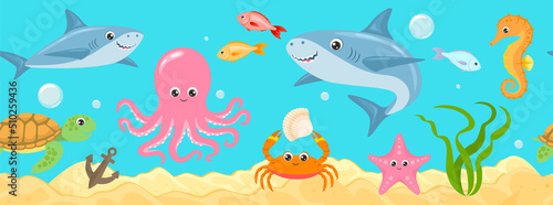 Underwater sea life seamless banner. Undersea landscape with cute shark, turtle, octopus, crab, starfish, seahorse and travel stuff. Vector cartoon illustration of ocean animals and fish.