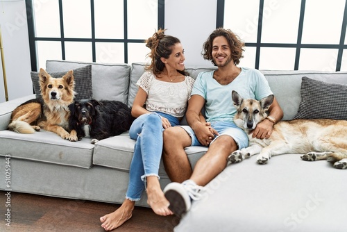 Photography Man and woman couple smiling confident sitting on sofa with dogs at home