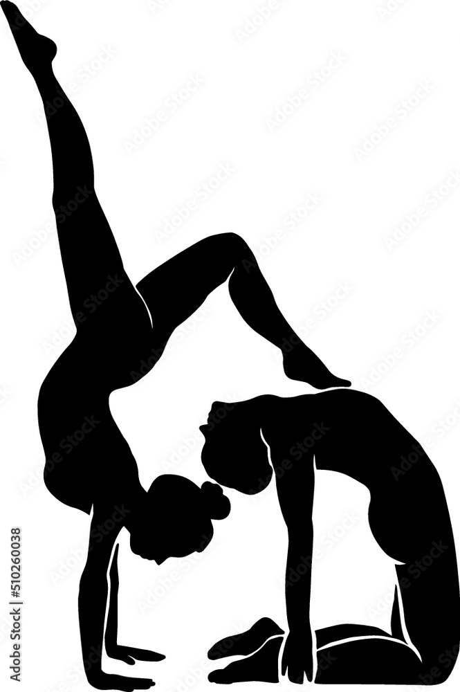 Two yoga women balance silhouettes. Sports body shape. Stretching exercises. Two yoga women balance silhouettes. Sports body shape. Stretching exercises.