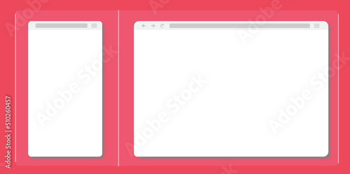Blank web browser window with toolbar and search field. Modern website, internet page in flat style. Browser mockup for computer and smartphone. Vector flat illustration