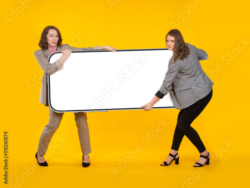 Big smart phone. Women pick...