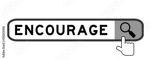 Search banner in word encourage with hand over magnifier icon on white background