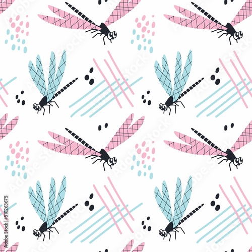 Seamless abstract pattern with colored dragonflies. Cute cartoon dragonflies in flight. Flat graphic style illustration for backgrounds, wallpapers, textiles and packaging.