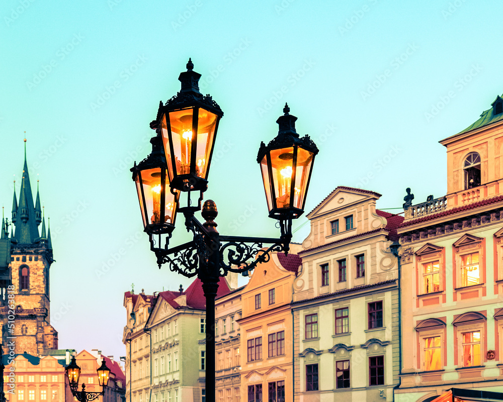 Close-up city lantern on Prague Old Town Square, Czech Republic. Architecture and landmark of Prague. Close-up city lantern on Prague Old Town Square, Czech Republic. Architecture and landmark of Prague.