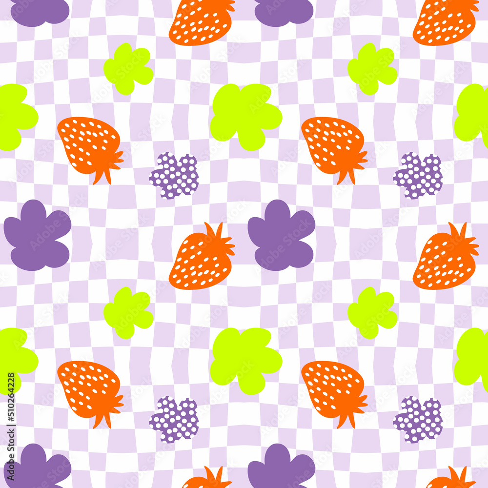 Strawberries and spotted flowers seamless pattern on grid distorted background. Hippie aesthetic print for fabric, paper, T-shirt. Groovy summer illustration for decor and design. Strawberries and spotted flowers seamless pattern on grid distorted background. Hippie aesthetic print for fabric, paper, T-shirt. Groovy summer illustration for decor and design.