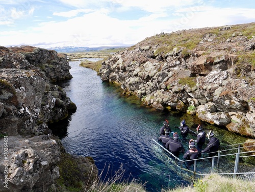 Canvastavla Scuba diving at Silfra rift, where Eurasian and American tectonic plate are divided in Thingvellir National Park, Iceland