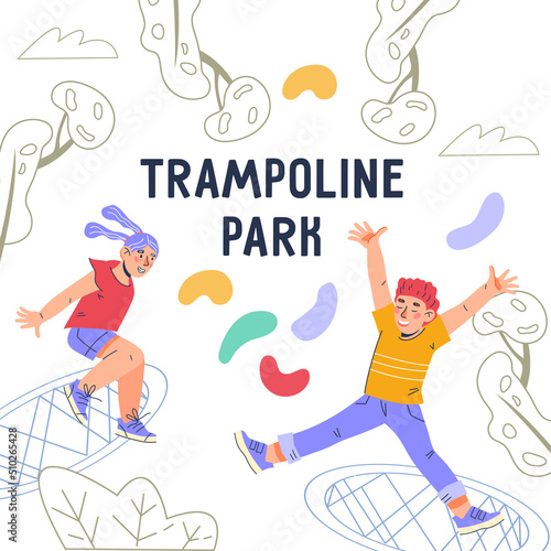 Bouncing on kids trampoline park entertainment banner or poster, flat vector illustration. Summer entertainment and attraction for children advert. Trampoline jumping.
