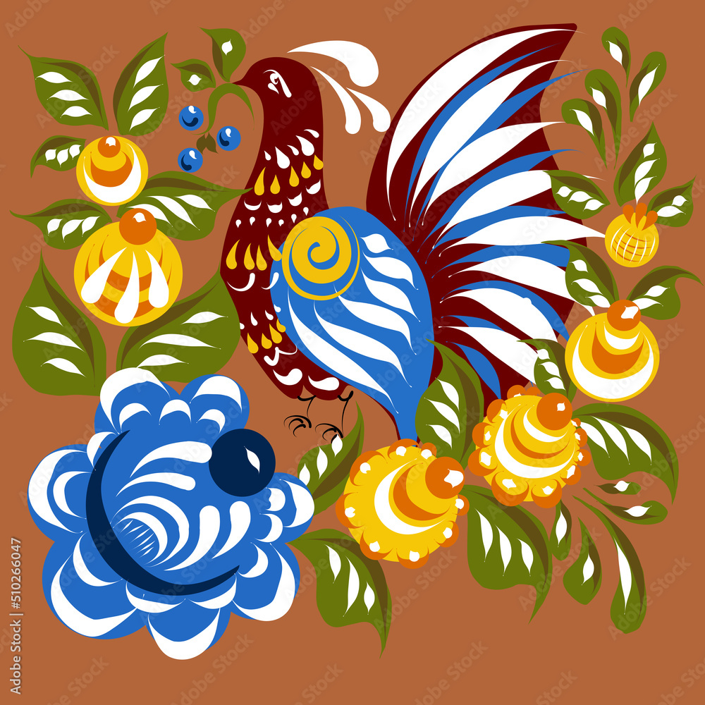 Ethnic bird illustration with flowers and berries. Colorful picture in folklore style. Bird with berries in its beak, rose and leaves. A simple, stylized picture.