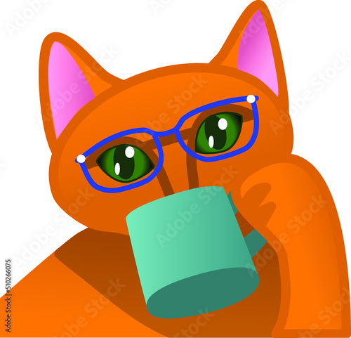 A simple digital illustration with a cute cat in glasses drinking from a mug. Icon illustration. 