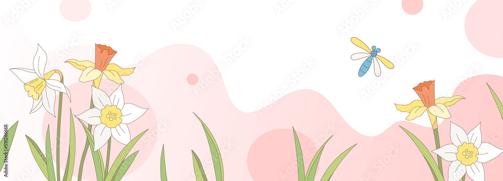 Horizontal white banner with rural romantic plants background. Spring or summer natural promo vector illustration with pink backdrop and cartoon style white and yellow daffodils.	