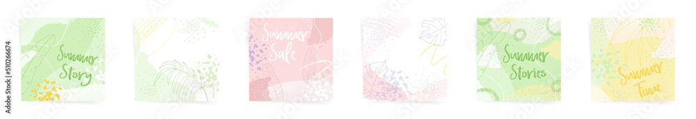 Summer square background templates set. Tropical nature design for social media stories posts, promo cards. Vertical design with abstract shapes floral leaves, and aesthetic elements. Summer square background templates set. Tropical nature design for social media stories posts, promo cards. Vertical design with abstract shapes floral leaves, and aesthetic elements.