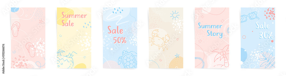 Summer beach sale stories backgrounds fashion template set. Abstract summertime art for stories, promo posts. Design with wavy abstract shapes,  beach elements and summer party icons.