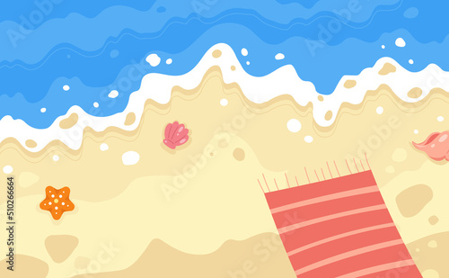 Top view beach background with beach blanket and starfish. Vector cute foaming sea water and sand illustration.