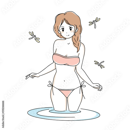 Young woman in a swimsuit standing in the sea. Summer beach illustration with young anime woman in sexy bikini swimwear. Natural vector picture with dragonflies around.