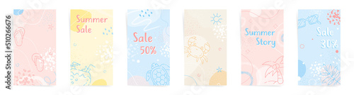 Summer beach sale stories backgrounds fashion template set. Abstract summertime art for stories, promo posts. Design with wavy abstract shapes,  beach elements and summer party icons.