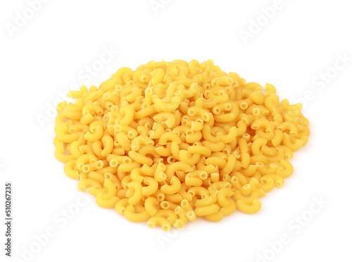 Heap of raw macaroni pasta isolated on white background with clipping path 