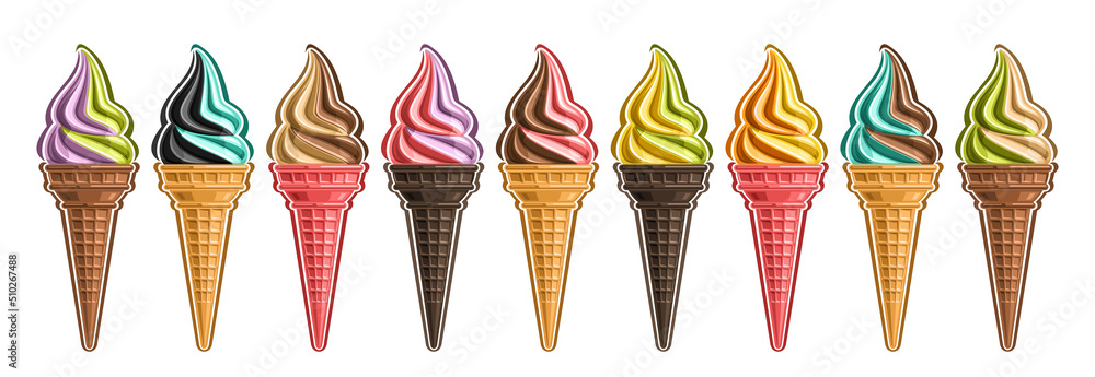 Vector Ice Cream Set, lot collection of 9 cut out different illustrations of realistic refreshing ice creams, horizontal banner with cold american icecreams in waffle cones in row on white background Vector Ice Cream Set, lot collection of 9 cut out different illustrations of realistic refreshing ice creams, horizontal banner with cold american icecreams in waffle cones in row on white background