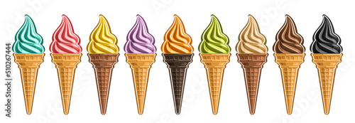 Vector Ice Cream Set, lot collection of 9 cut out different illustrations of realistic refreshing ice creams, horizontal banner with colorful twirl icecreams in waffle cones in row on white background