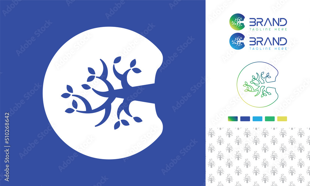 Alphabet letter C logo with a tree as negative space in bold letter ...