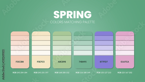 Spring tone colour schemes ideas.Color palettes are trends combinations and palette guides this year, a table color shades in RGB or  HEX. A color swatch for a spring fashion, home, or interior design