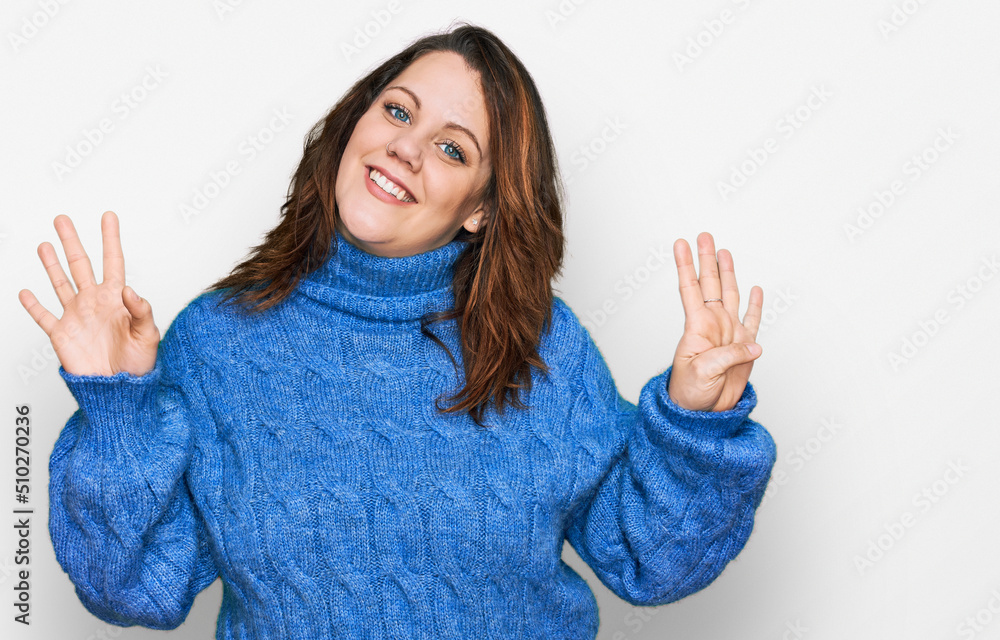 Young plus size woman wearing casual clothes showing and pointing up with fingers number nine while smiling confident and happy. Young plus size woman wearing casual clothes showing and pointing up with fingers number nine while smiling confident and happy.